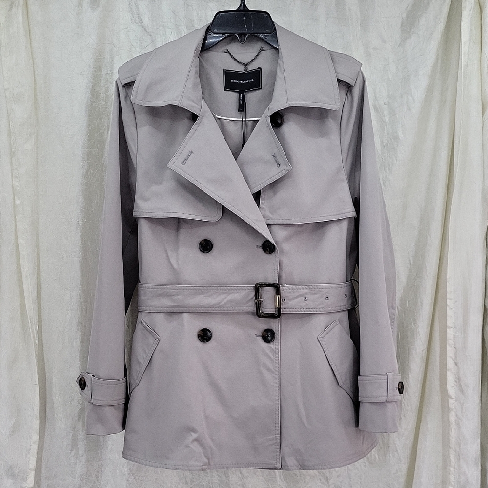 BCBGMAXAZRIA  Grey Double Breasted Belted Trench Coat Size Large Women's
